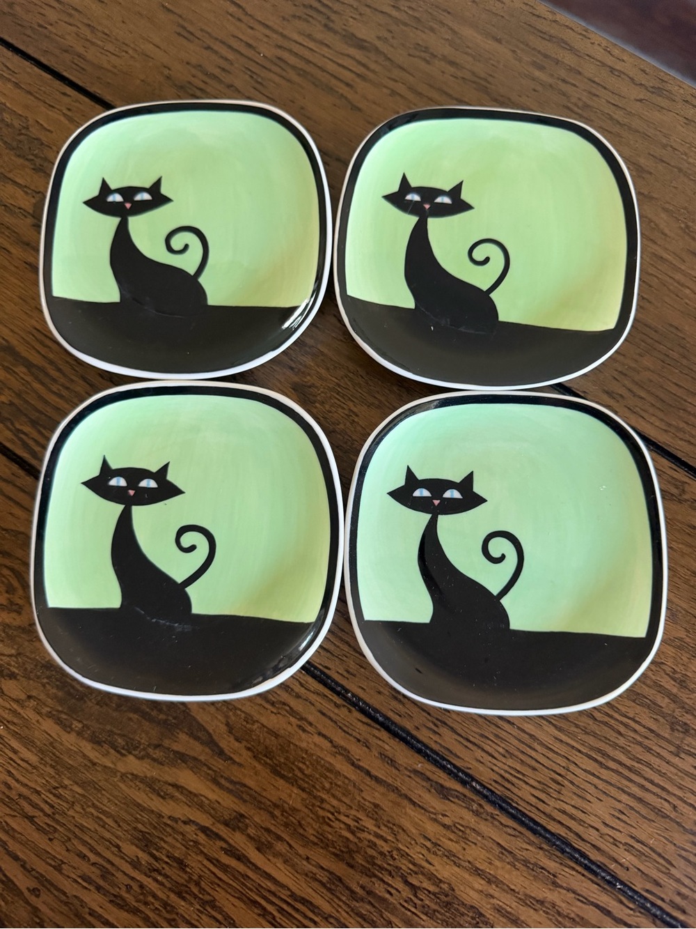 Hues N Brews Green Black Cat Mug Saucer Set Of 4 Cattitude Retro Ceramic